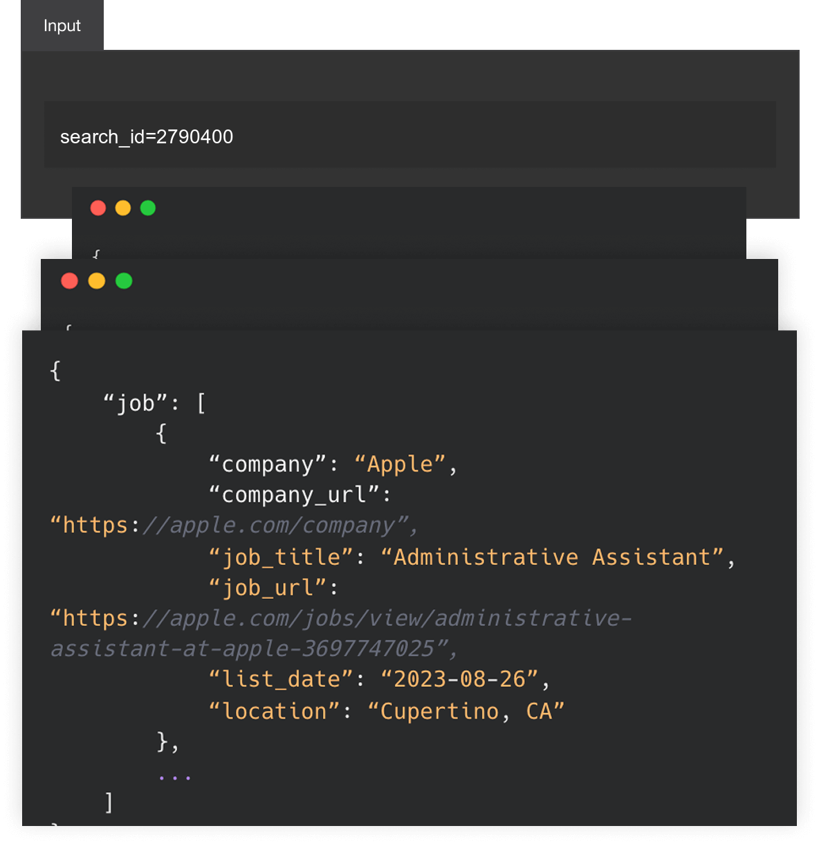 Job search API response showing company, title, URL, date, and location fields